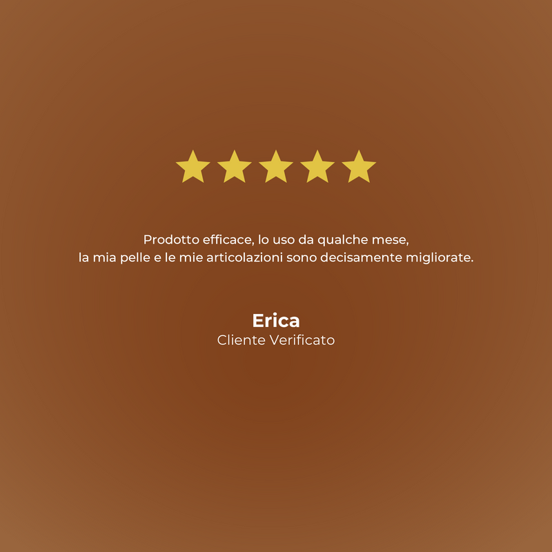 Five-star rating with a review from a verified customer on a brown background
