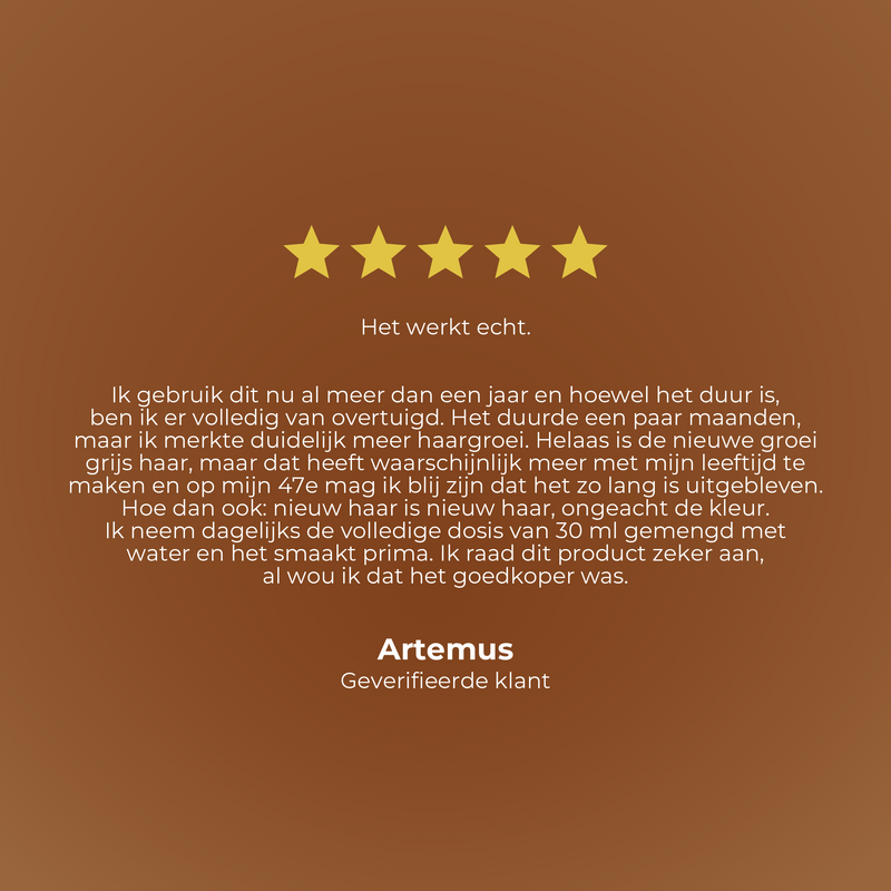 Five-star rating with a review on a brown background, featuring the brand 'Artemus'.