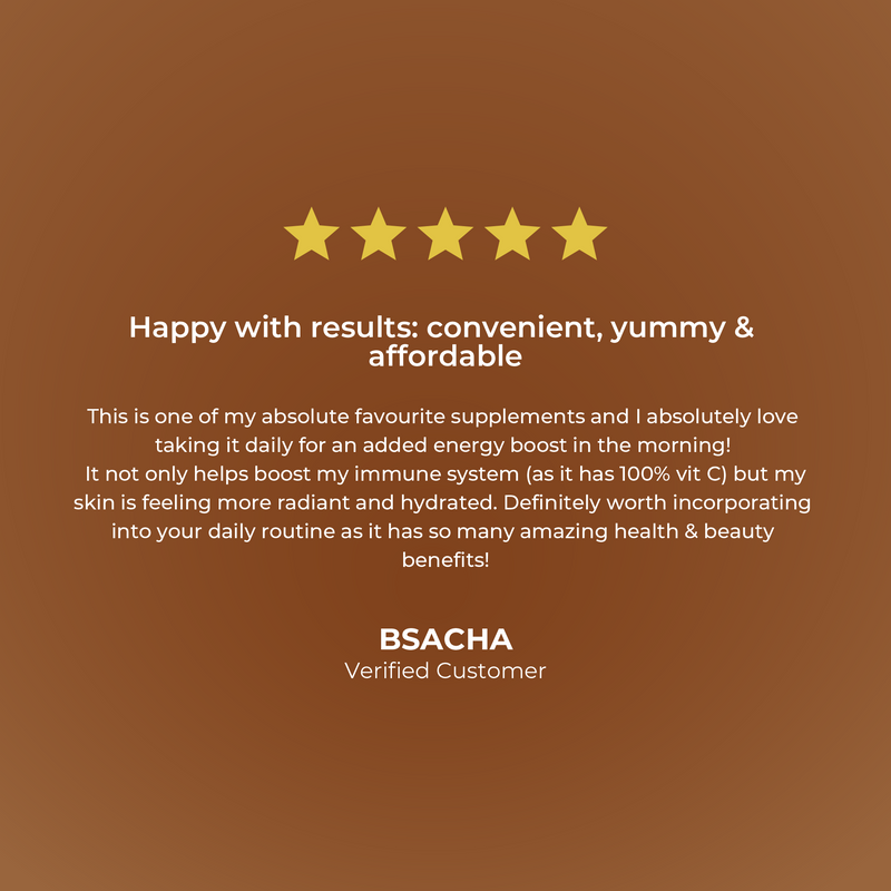 Five-star review for BSACHA supplements on a brown background