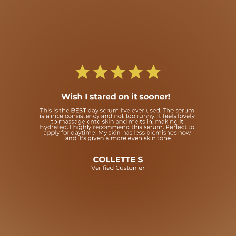 Five-star review for a day serum with a brown background