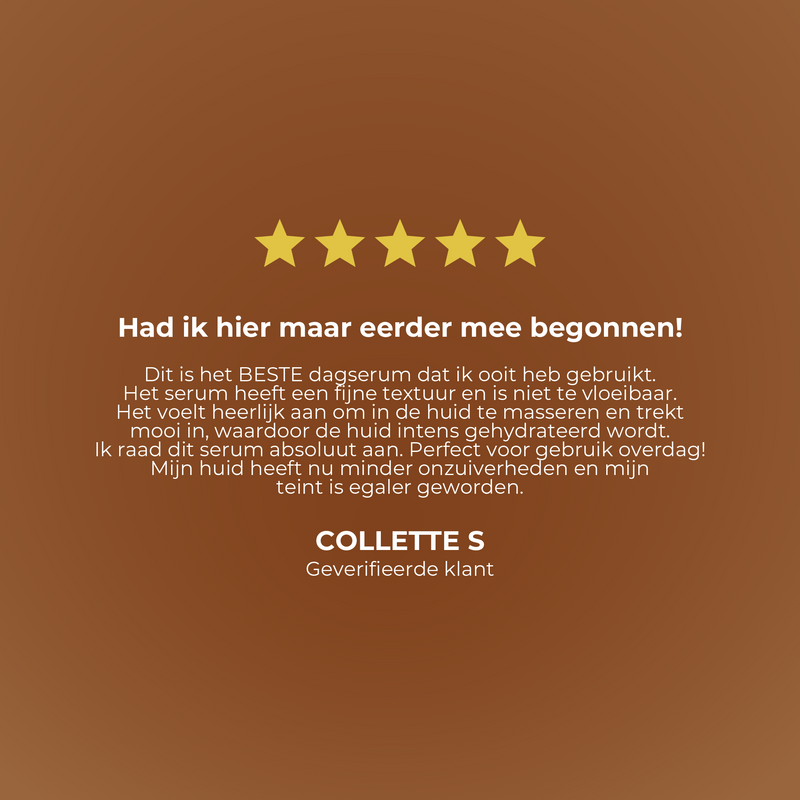 Five-star rating with a review on a brown background, featuring the brand 'Collette S'.