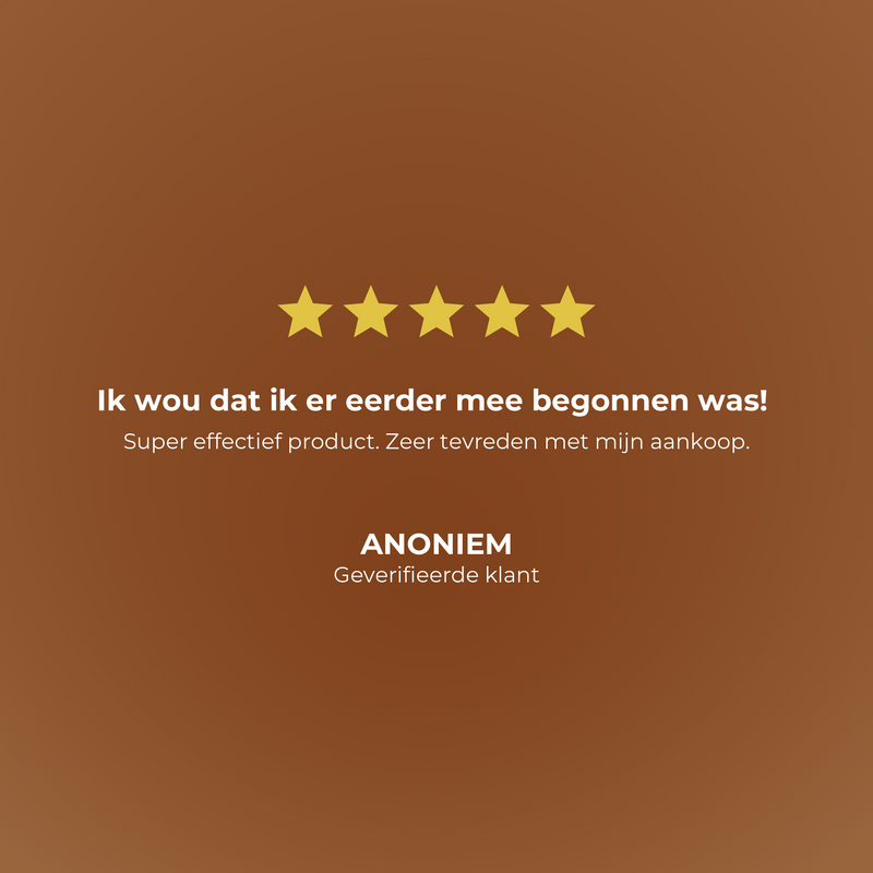 Five-star review with text on a brown background
