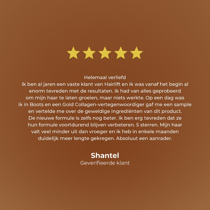 Five-star rating with a customer review on a brown background