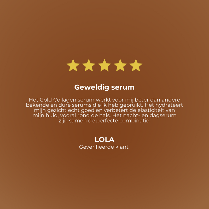 Five-star rating for a serum with a brown background and text in Dutch.