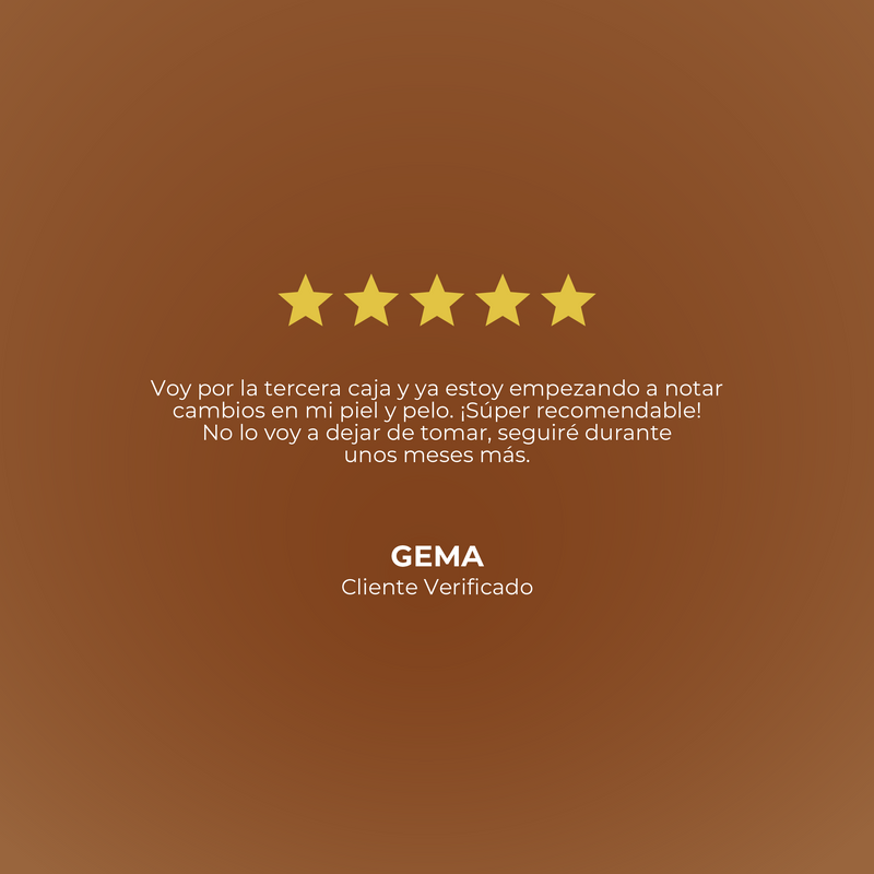 Five-star rating with a review on a brown background, featuring the brand 'GEMA'.
