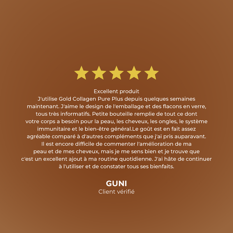 Five-star rating with a review of Gold Collagen Pure Plus on a brown background