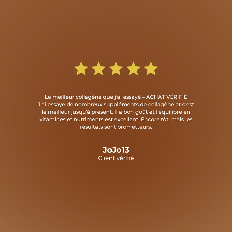 Five-star rating with a review on a brown background, featuring the brand 'JoJo13'.