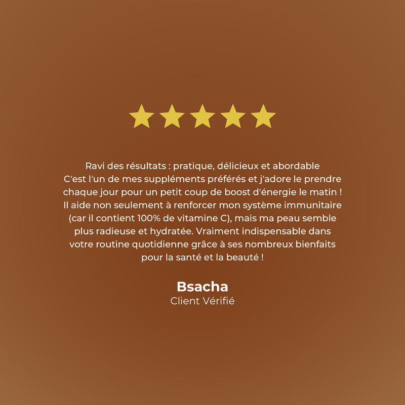 Five-star rating with review text on a brown background, featuring the brand 'Bsacha'.