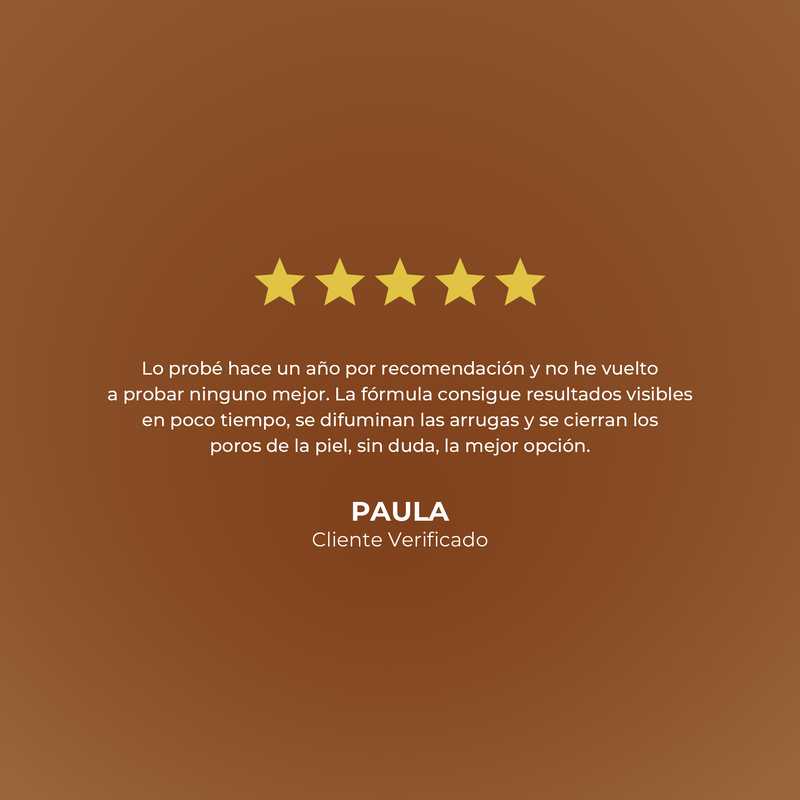 Five-star rating with a testimonial on a brown background