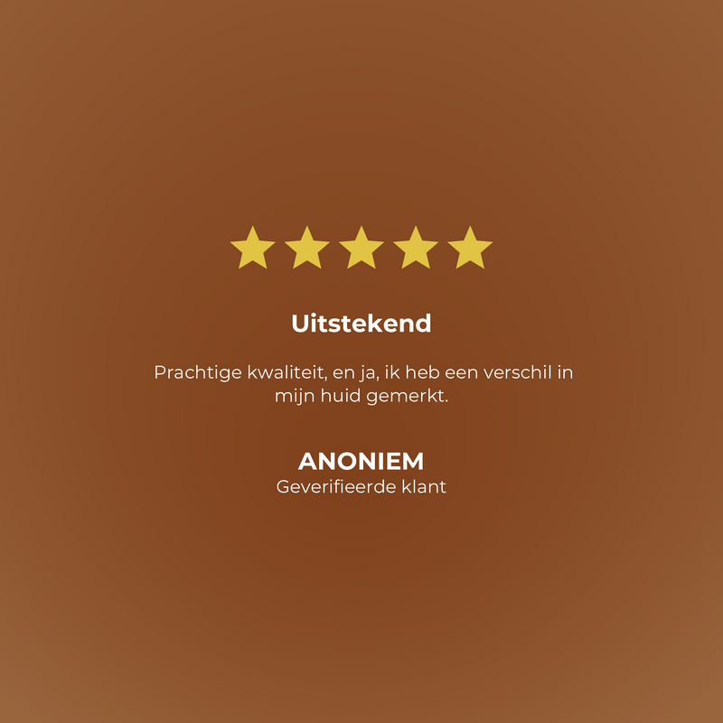 Five-star rating with a review on a brown background