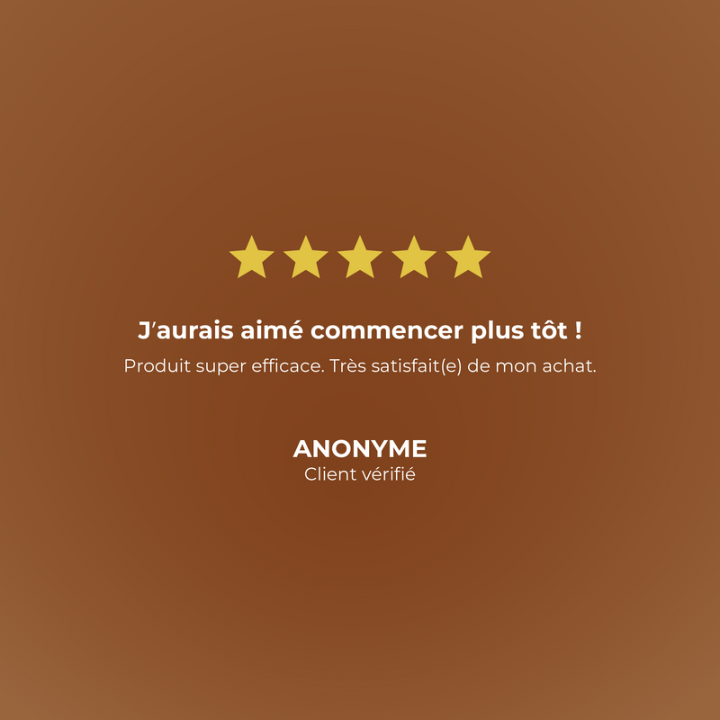 Five-star rating with a review on a brown background
