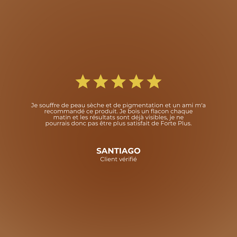 Five-star rating with a customer review on a brown background, featuring the brand 'Santiago'.
