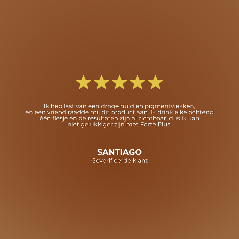 Five-star rating with customer review on a brown background, featuring the brand 'Santiago'.