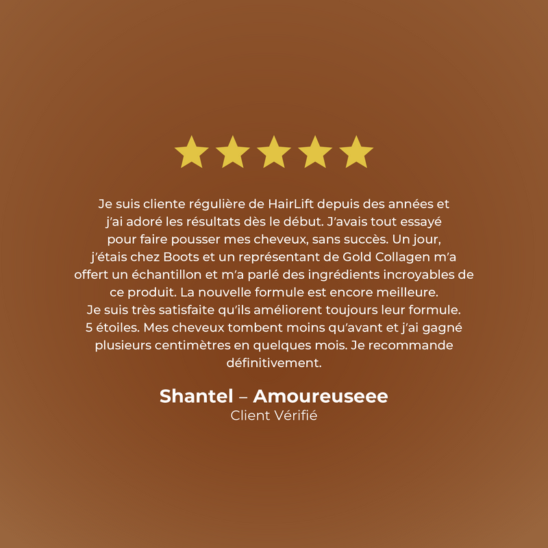 Five-star review for HairLift on a brown background with text in French.