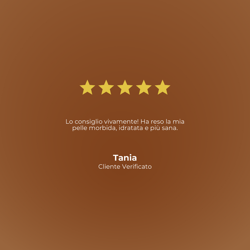 Five-star rating with a testimonial on a brown background