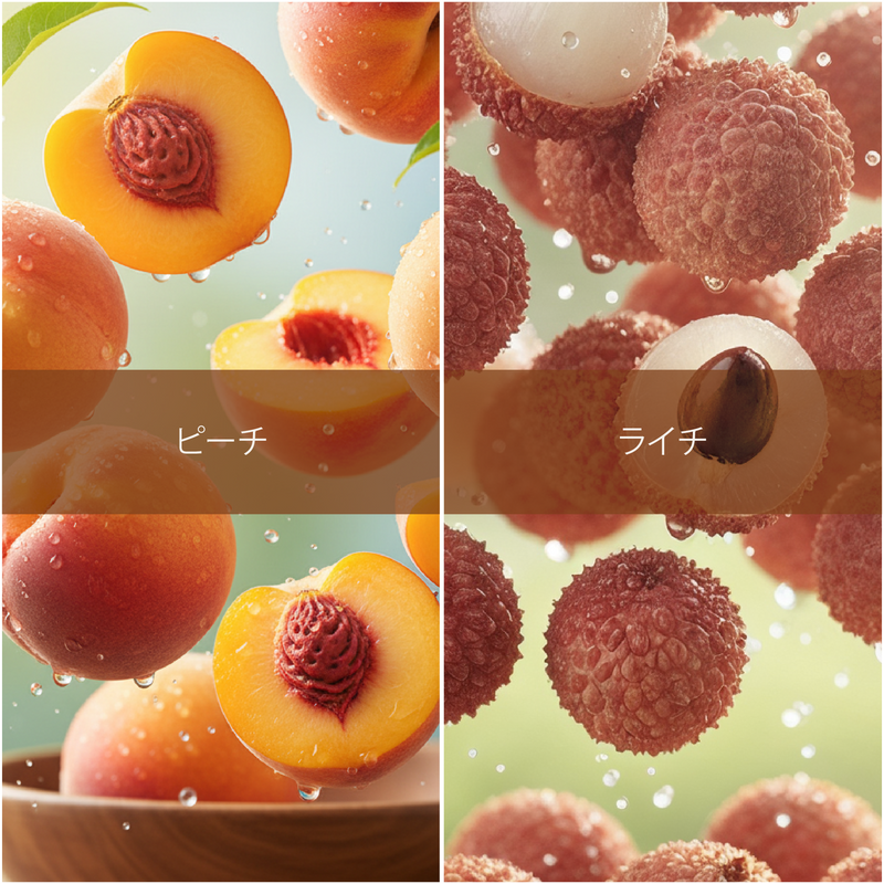 Collage of peaches and lychees with water droplets on a light green background.
