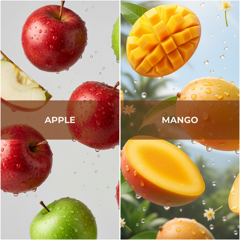 Collage of apples and mangoes with labels on a clear background