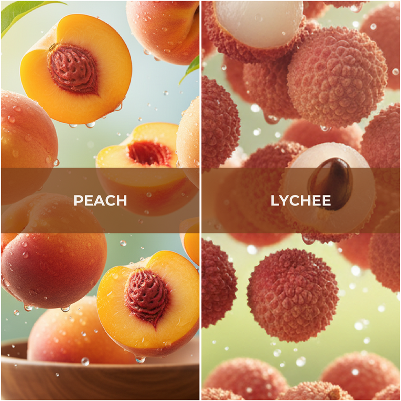Collage of peaches and lychees with close-up views and labels.
