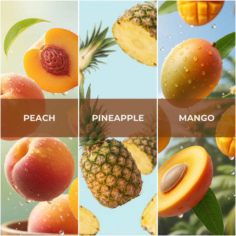 Collage of peach, pineapple, and mango with labels on a green background