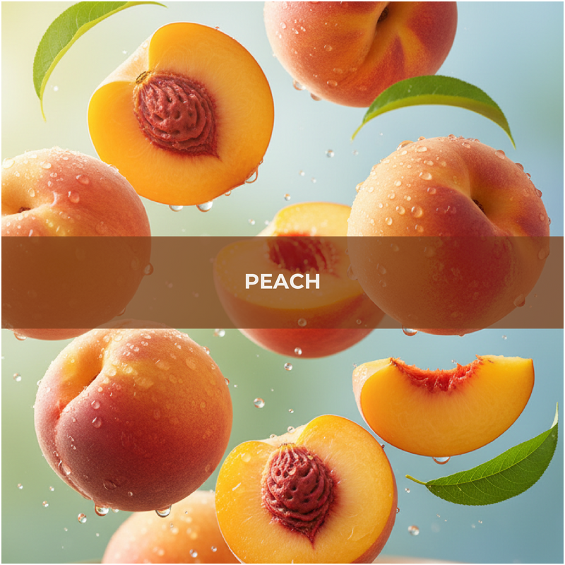 Collage of peaches and peach slices with water droplets on a light blue background.
