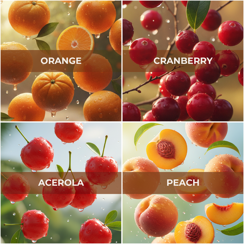 Collage of oranges, cranberries, acerola cherries, and peaches with labels underneath.