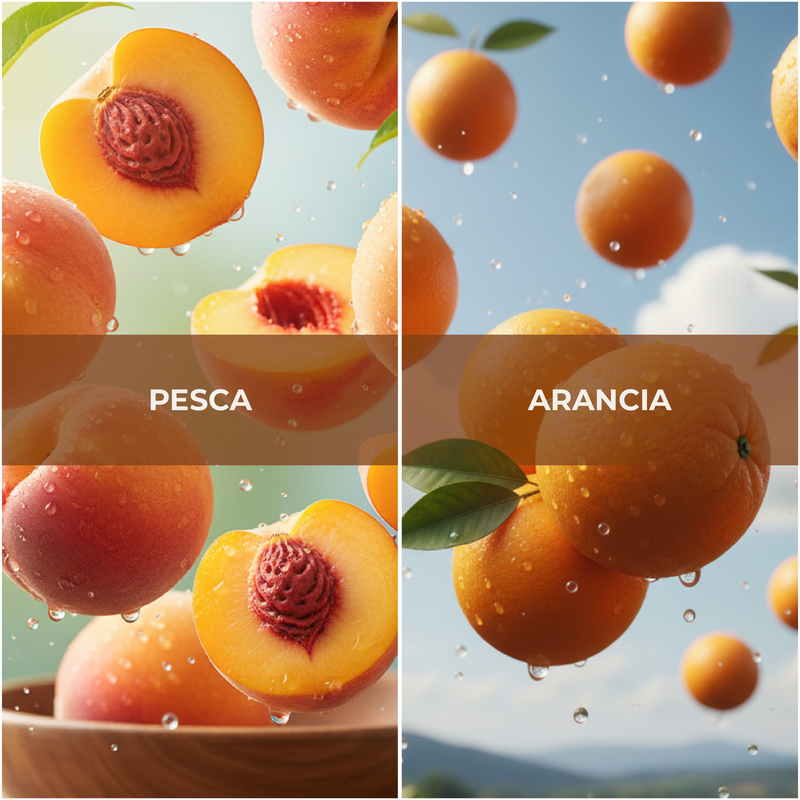 Collage of peaches and oranges with 'PESCA' and 'ARANCIA' labels.
