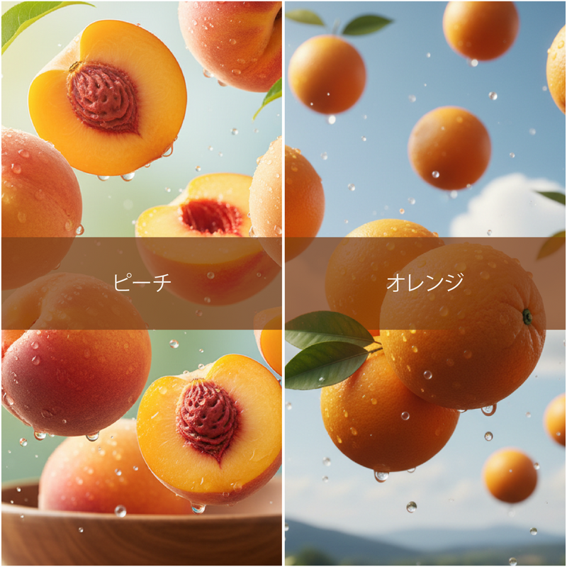 Collage of peaches and oranges with water droplets on a light green and blue background.