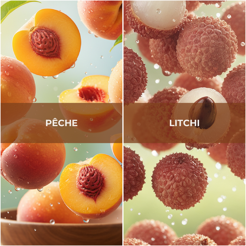 Collage of peaches and litchi fruits with close-up views and water droplets.