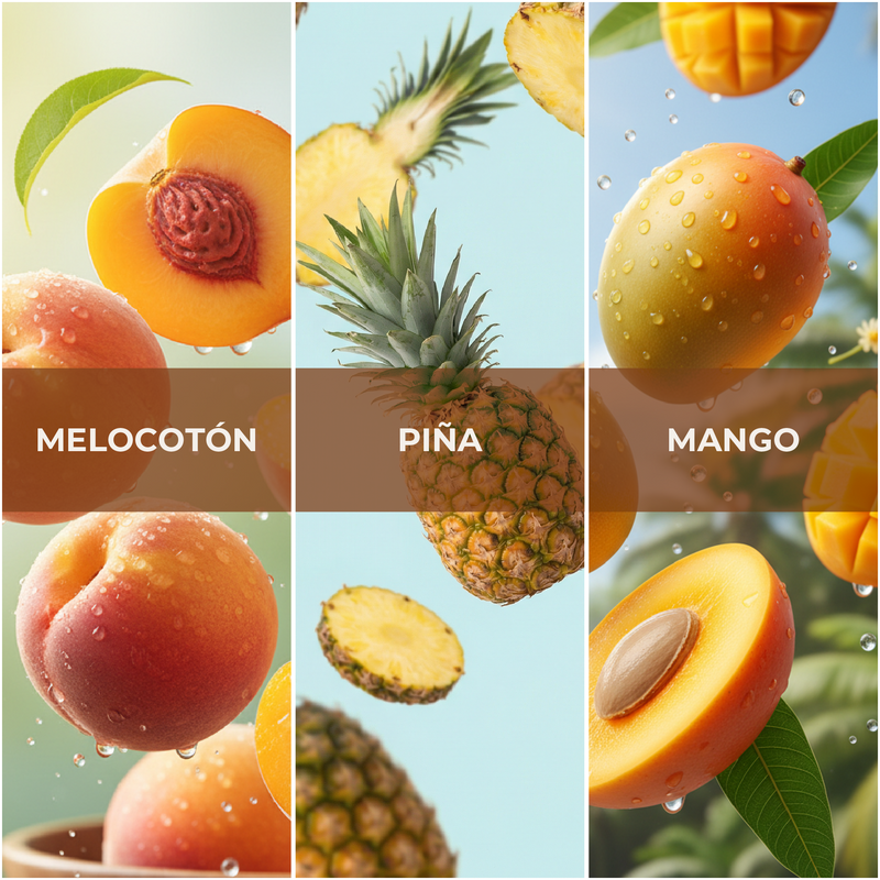 Collage of melocoton, piña, and mango with close-up shots and text labels.