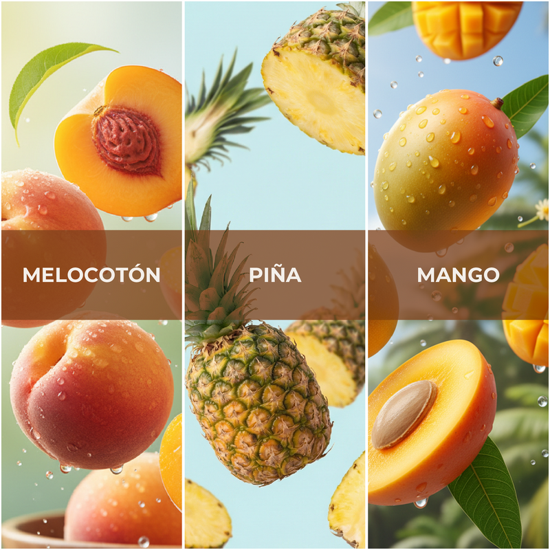 Collage of melocoton, pineapple, and mango with labels underneath.