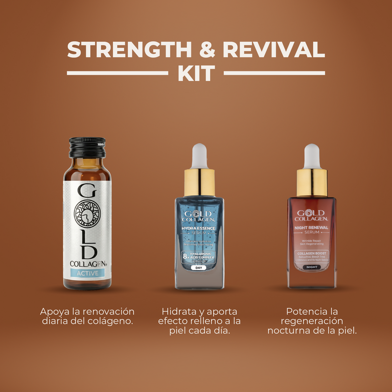 Gold Collagen strength and revival kit with three products on a brown background