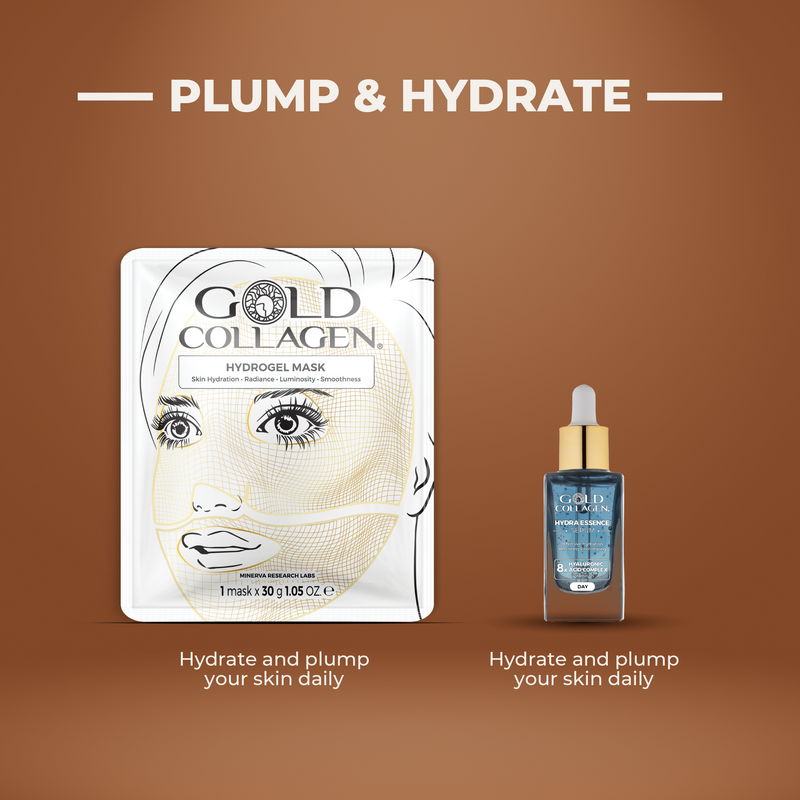 Gold Collagen hydrogel mask and serum on a brown background with 'Plump & Hydrate' text.