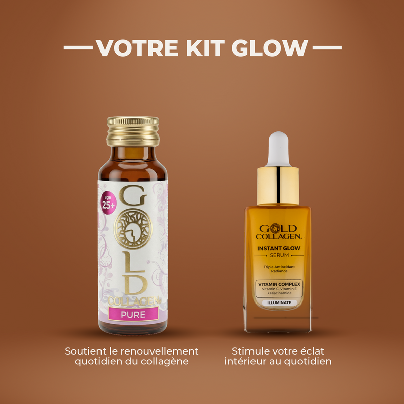 Two skincare products on a brown background with text 'VOTRE KIT GLOW'.