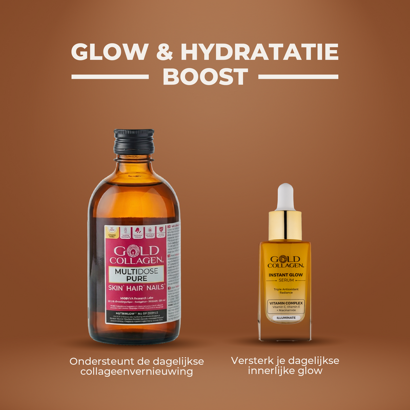 Two bottles of Gold Collagen products on a brown background with text about glow and hydration boost.