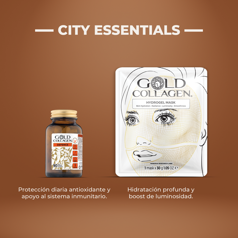 Gold Collagen supplement bottle and hydrogel mask on a brown background with 'City Essentials' text.