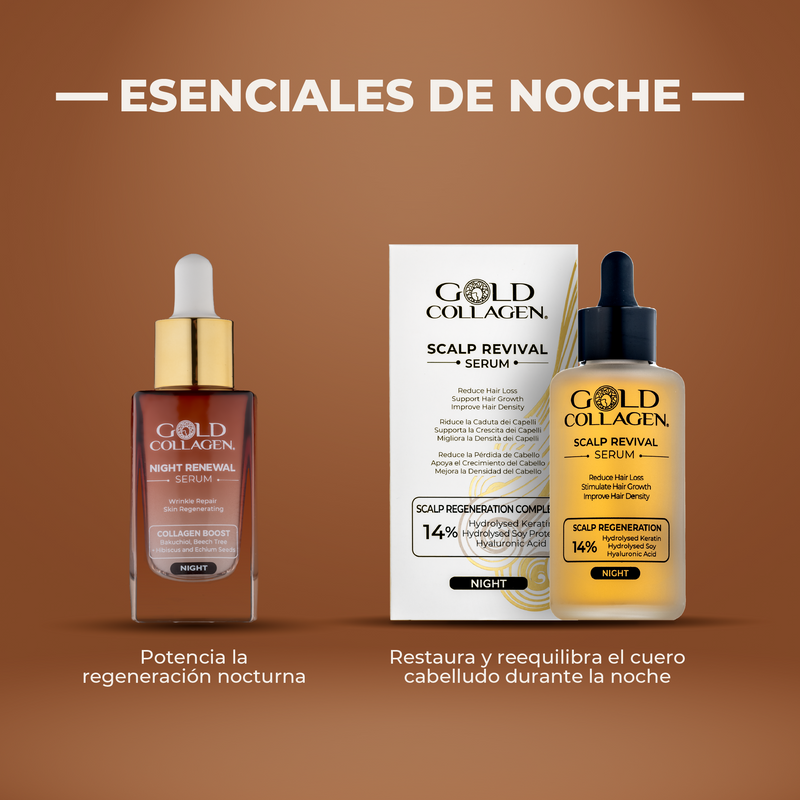 Gold Collagen Scalp Revival Serum packaging on a brown background