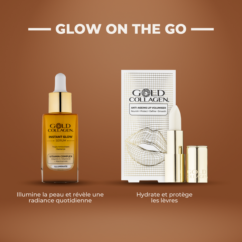 Gold Collagen skincare products on a brown background with text 'Glow on the Go'.