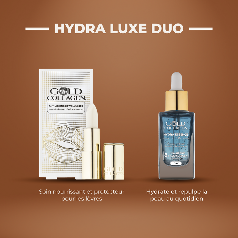 Gold Collagen skincare products on a brown background with 'Hydra Luxe Duo' text.