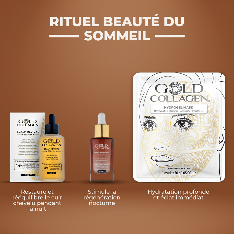 Gold Collagen skincare products on a brown background with text in French.