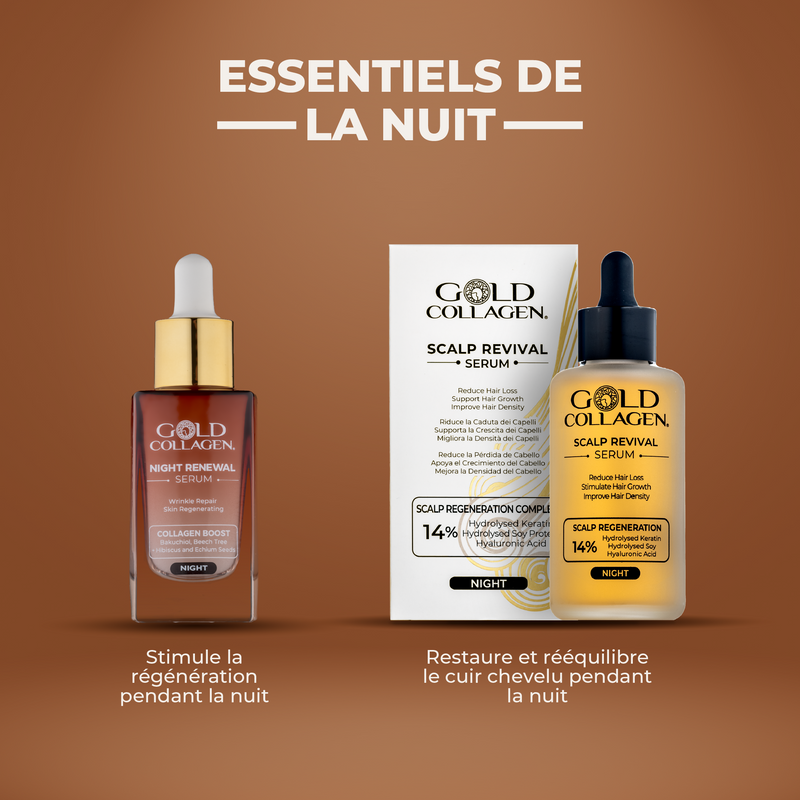 Gold Collagen Scalp Revival Serum packaging on a brown background