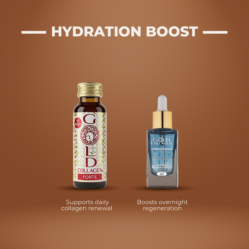 Two skincare products on a brown background with 'Hydration Boost' text.