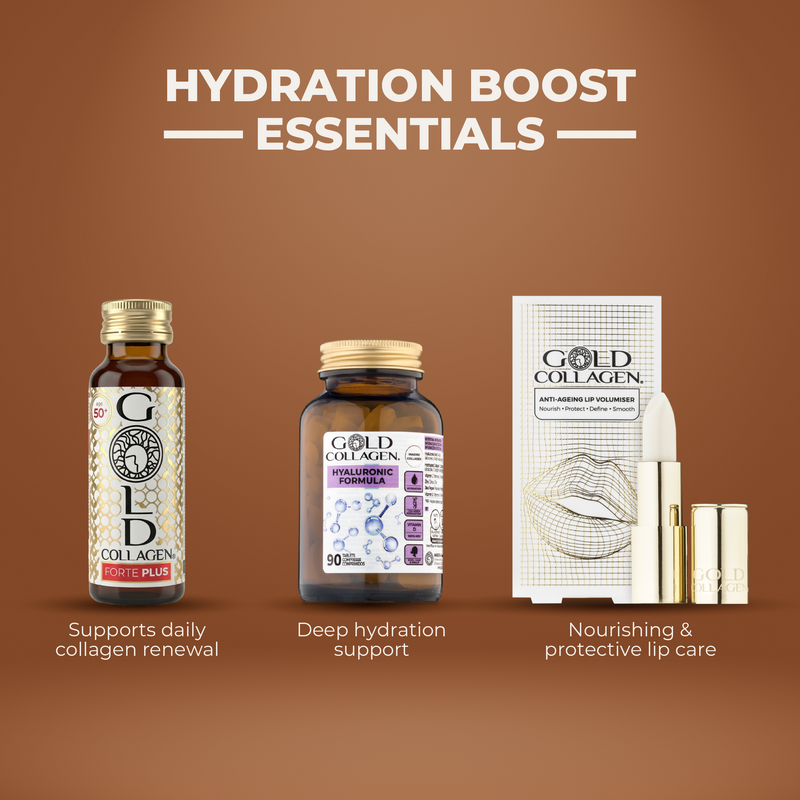 Collagen supplement products with 'Gold Collagen' branding on a brown background