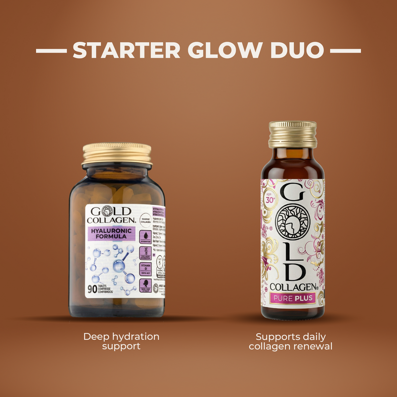 Two bottles of Gold Collagen on a brown background with text 'Starter Glow Duo'.
