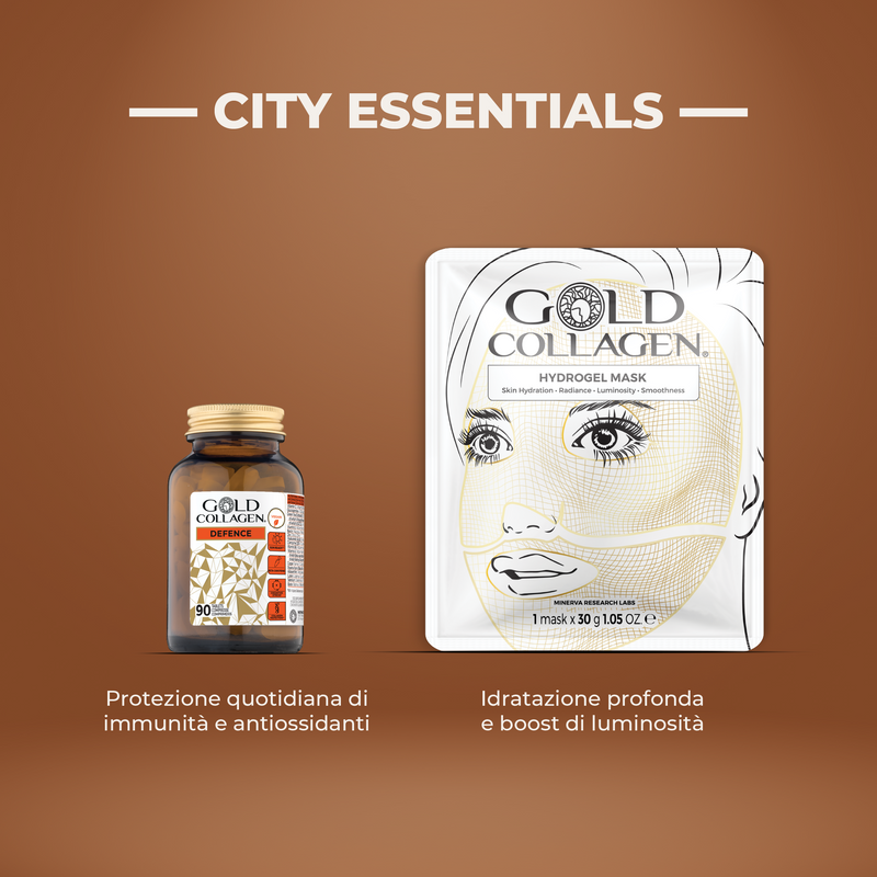 Gold Collagen supplement bottle and hydrogel mask on a brown background with 'City Essentials' text.