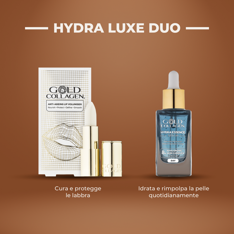 Gold Collagen skincare products on a brown background with 'Hydra Luxe Duo' text.