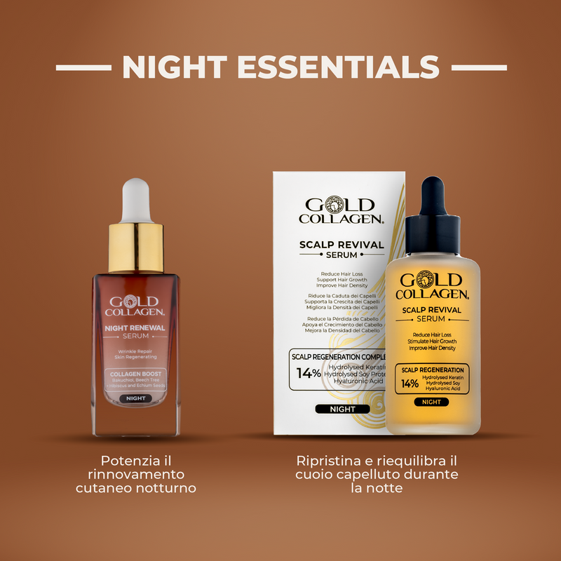 Gold Collagen Scalp Revival Serum packaging on a brown background with text.