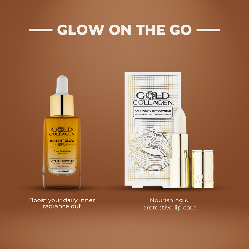 Gold Collagen skincare products on a brown background with text 'Glow on the Go'.