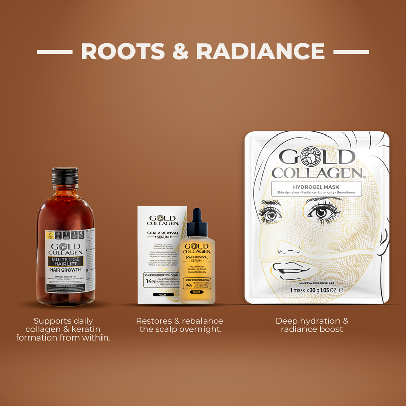 Gold Collagen hair care products on a brown background with product names and benefits displayed.