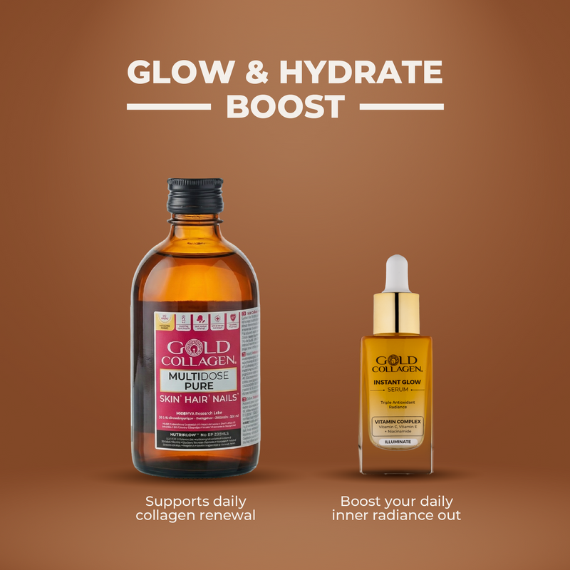 Two bottles of Gold Collagen products on a brown background with text 'Glow & Hydrate Boost'.