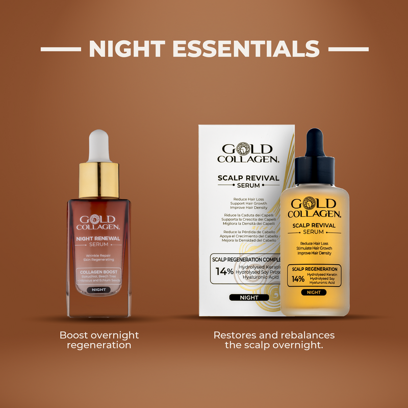 Gold Collagen Scalp Revival Serum bottles and packaging on a brown background